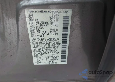 2006 Nissan Pathfinder Se из США, поврежденный, VIN 5N1AR18W56C662992